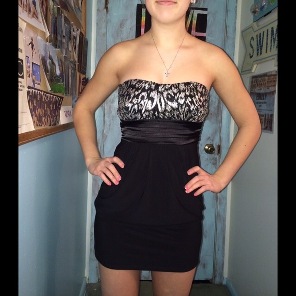 Deb strapless dress w/ silver cheetah print