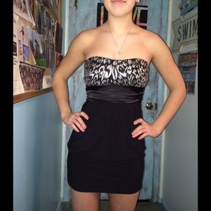 Deb strapless dress w/ silver cheetah print