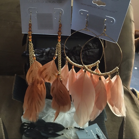 Bundle-Gold hoops and brown feathered earrings