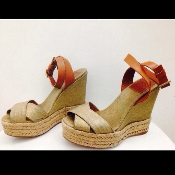 Tory Burch Gold Linen Criss-Cross Espadrille Wedge