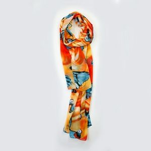 Butterfly print scarf, vibrant oranges and blues.
