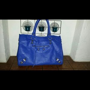 Balenciaga style blue vegan leather bag