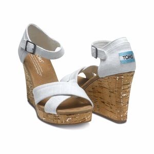 TOMS Ivory Linen Strappy Wedges