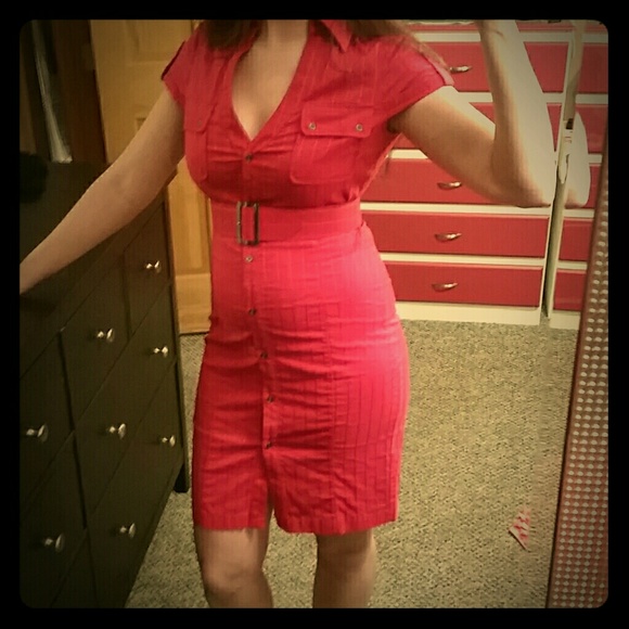 Bright Pink Pinstriped Express Dress with belt