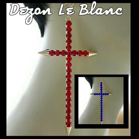 Red or Blue Rhinestone Cross Earrings