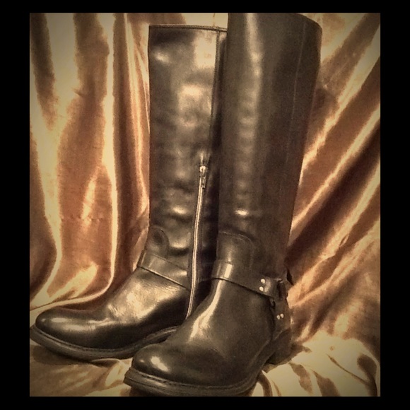 Black Leather Knee High Moto Boots