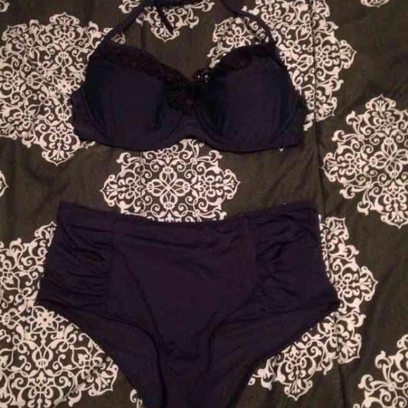 Navy Blue Hollister High-Waist Swim Suit