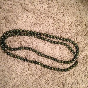 Long dark green wood beaded necklace
