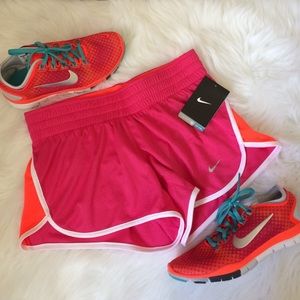 Nike Pink and Neon Orange Dri-Fit Shorts