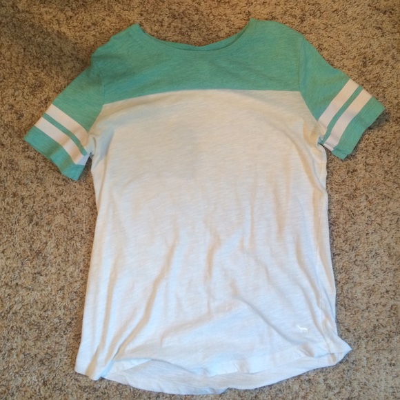 Tee shirt from pink, white and teal.