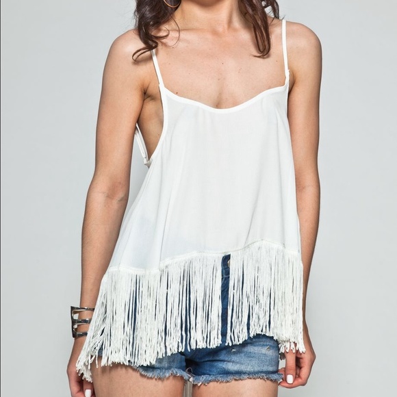 Sheer creme fringe tank top