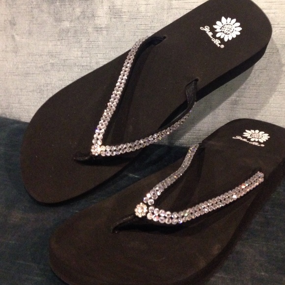 yellow box crystal flip flops
