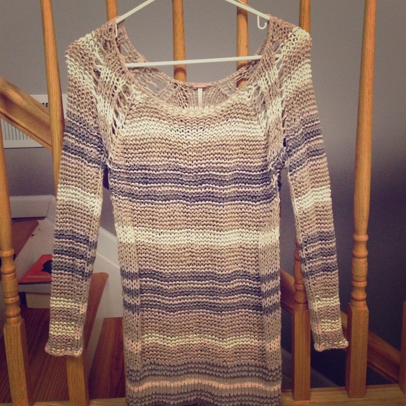FREE PEOPLE - tan white grey striped sewn -sweater - Picture 1 of 2