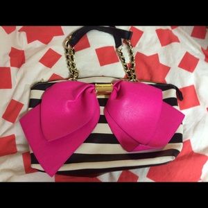Striped Betsey Johnson Purse With Fushia Bow