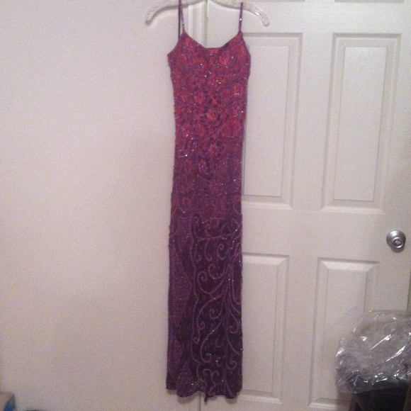 Pink faded to purple beaded prom dress.