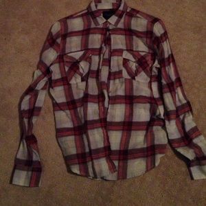 Oversized Red, white and blue plaid shirt.