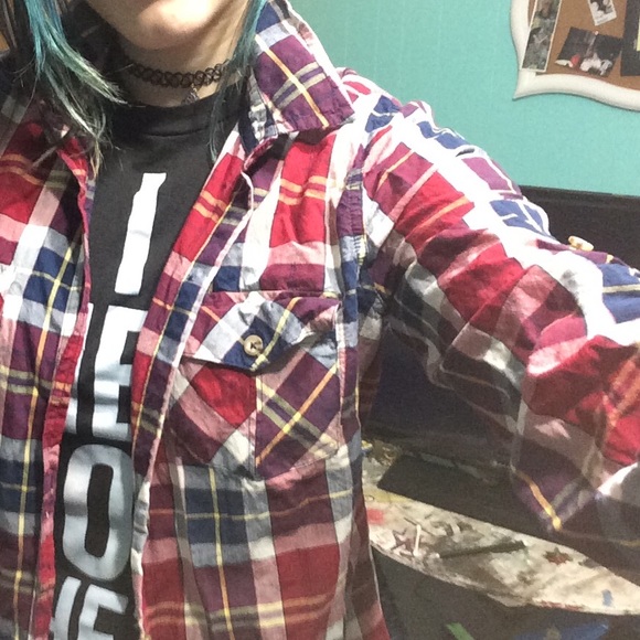 red plaid flannel button up