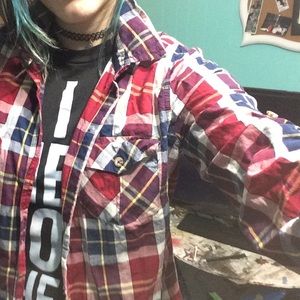 red plaid flannel button up