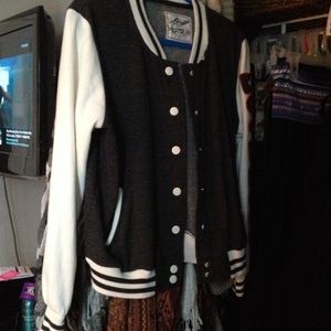 Gray and white button down love varsity jacket