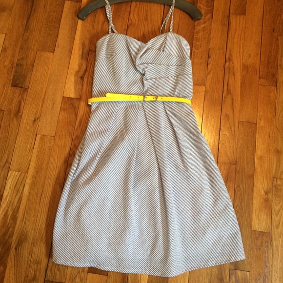 Blue/white seersucker dress with yellow belt!