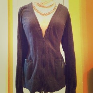 Grey zip cardigan with faux leather pockets