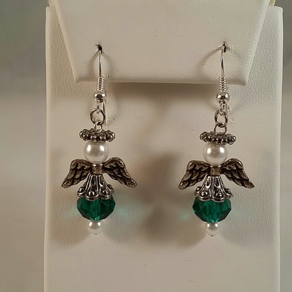 Emerald crystal angel earrings. Hypoallergenic.
