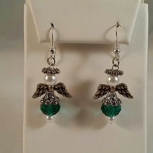 Emerald crystal angel earrings. Hypoallergenic.