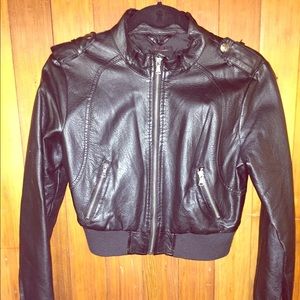 Black leather bomber moto jacket