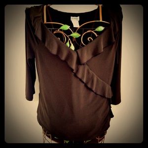 Brown Ruffle Front V-Neck Top.