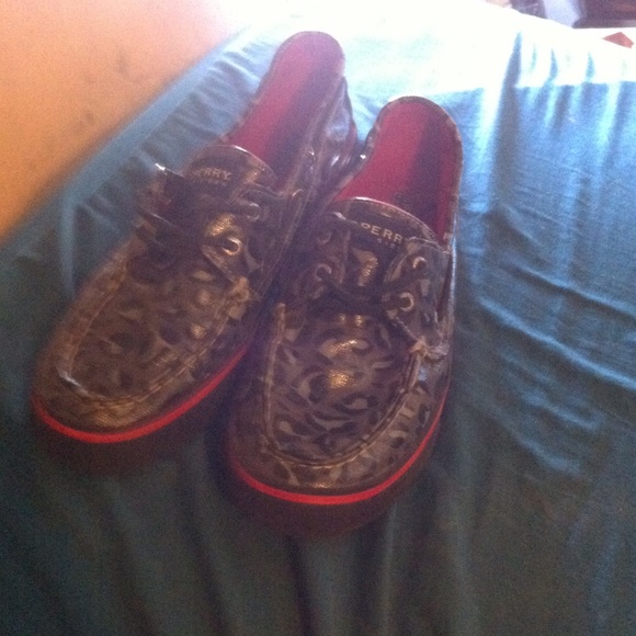 Black and red cheetah print Sperrys