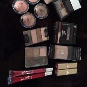 Eyeshadow, lip stain, lipstick, eyebrow powder.