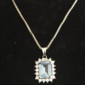 Auth 3kt Aquamarine & cubic zirconium necklace