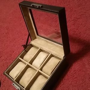 6 piece black leather watch box
