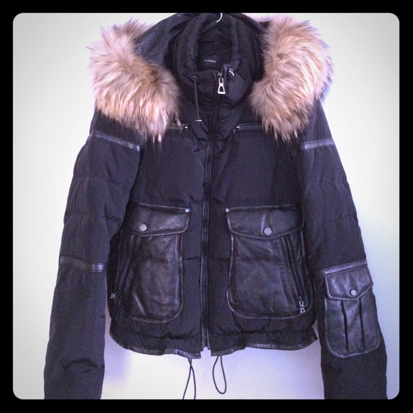 Black hooded bomber jacket with fur hood