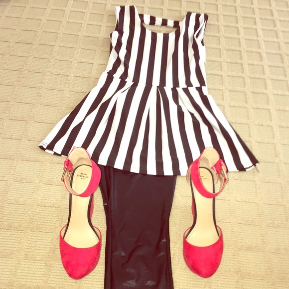 Tops - Black and white stripe peplum top with open back