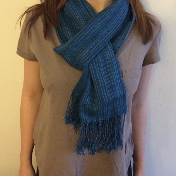 Teal striped scarf with strands of glitter