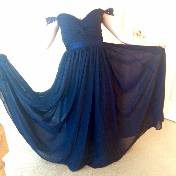 Ball Gown~ Off The Shoulder, Dark Blue - Picture 2 of 4