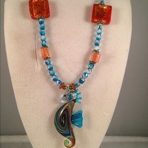 Seahorse, Turquoise and Orange Necklace