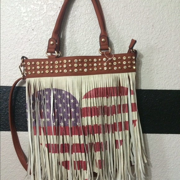 American flag heart fringe purse
