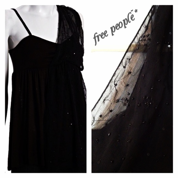 Free People Tops - FREE PEOPLE Black Beaded Chiffon Baby Doll Tank