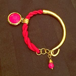 Bright Pink Gemstone Spiral Hammered Gold Bracelet