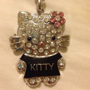 Kitty Silver Tone Necklace Crystal Rhinestones