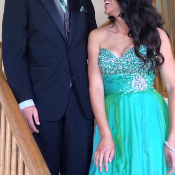 Long Green Iridescent Jeweled Prom Dress - Picture 2 of 3