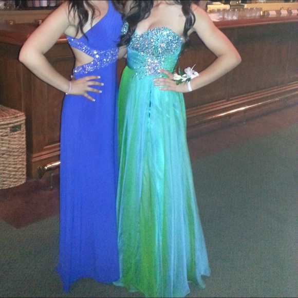 Long Green Iridescent Jeweled Prom Dress - Picture 3 of 3