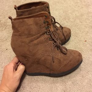 Brown suede wedge booties