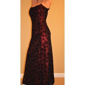 Long red and black prom dress with laced back