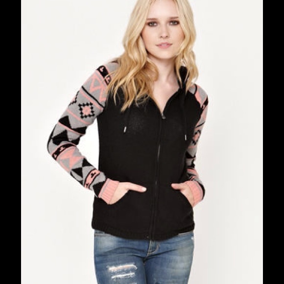 LA HEARTS ZIP-UP TRIBAL KNIT SWEATER HOODIE CORAL