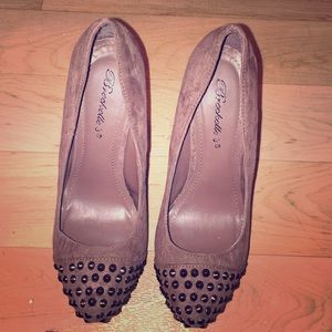 Taupe studded suede pumps