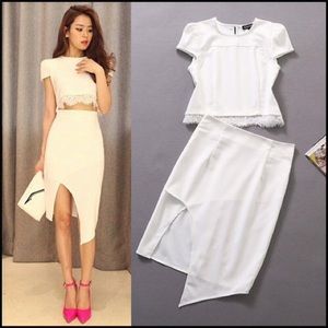 white pencil skirt and lace trimmed crop top