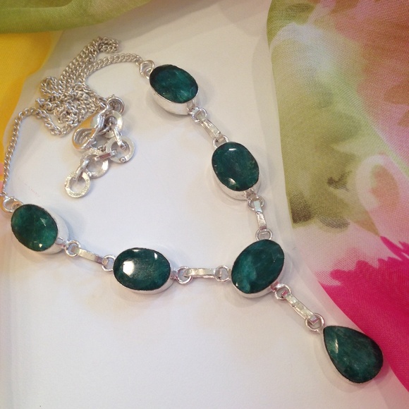 Silver Green Emerald Statement necklace